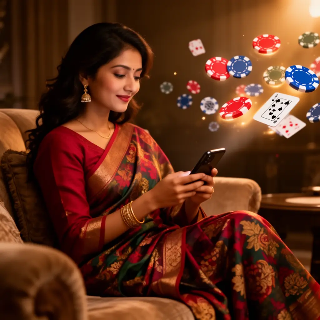 Confident Bangladeshi woman enjoying the 995BD casino app on her phone as vibrant chips and cards glow behind her