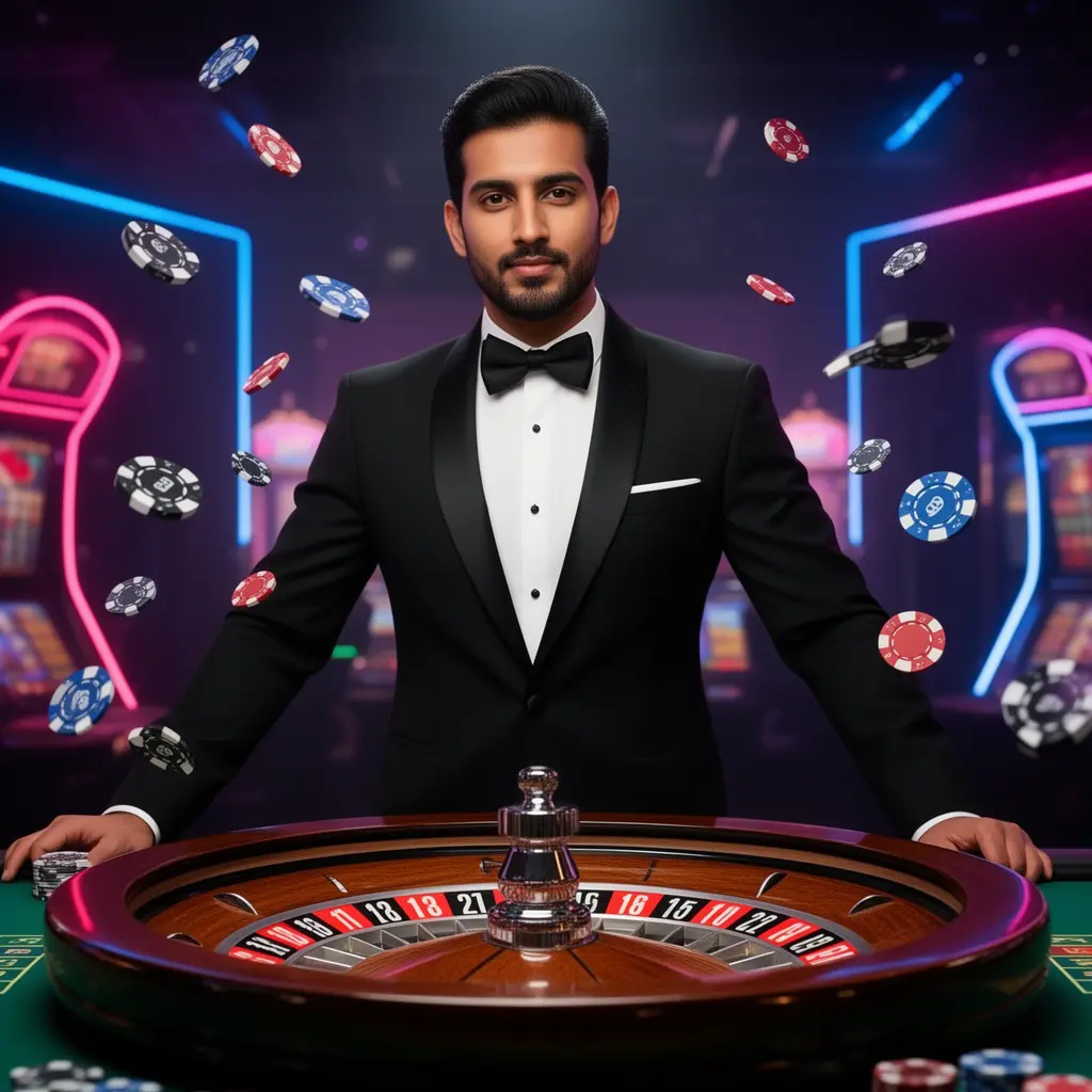 Confident casino dealer standing by a roulette table surrounded by vibrant lights and floating chips representing the thrilling casino environment of 995BD in Bangladesh