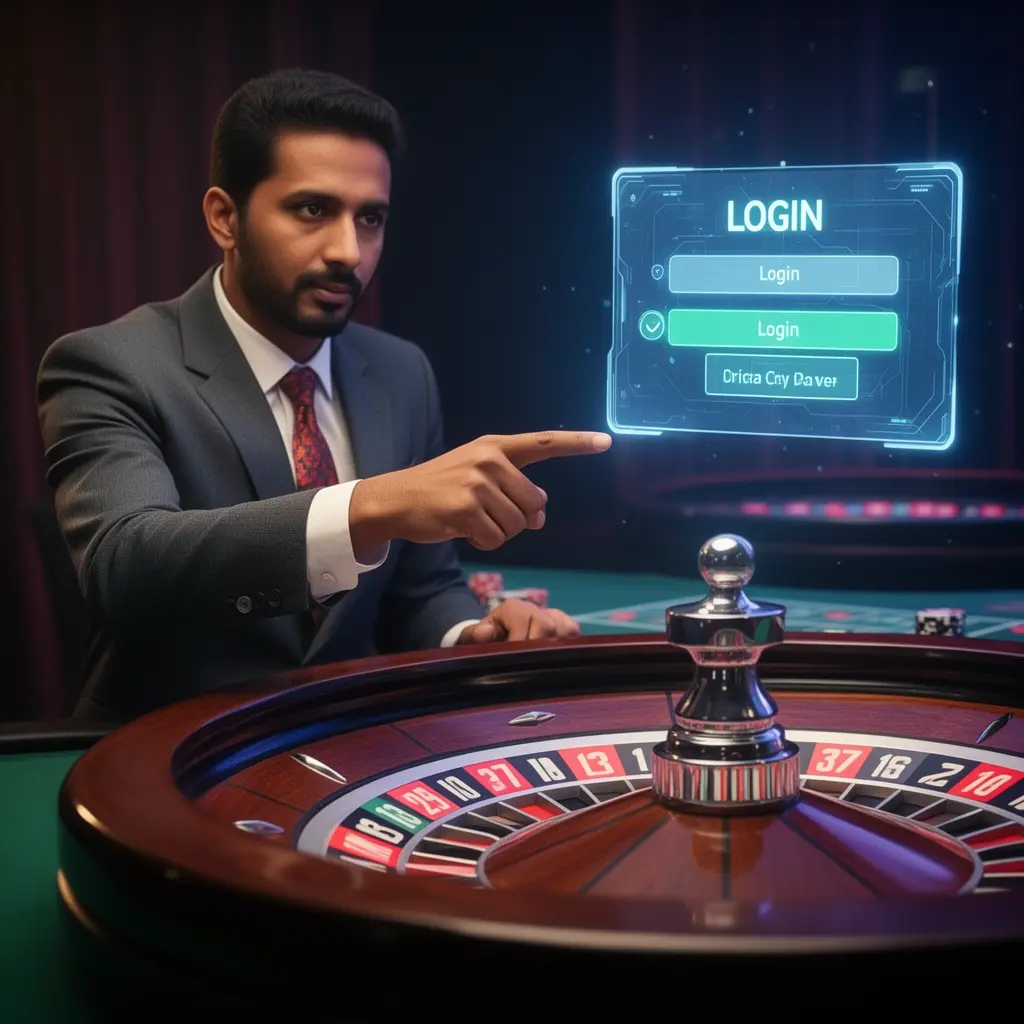 Stylish Bangladeshi casino professional pointing at a floating holographic login panel with a glowing roulette table behind him at 995BD